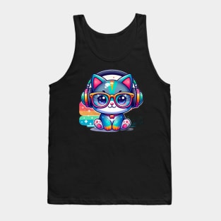 Cute Colorful Cat with glasses and headphone Tank Top